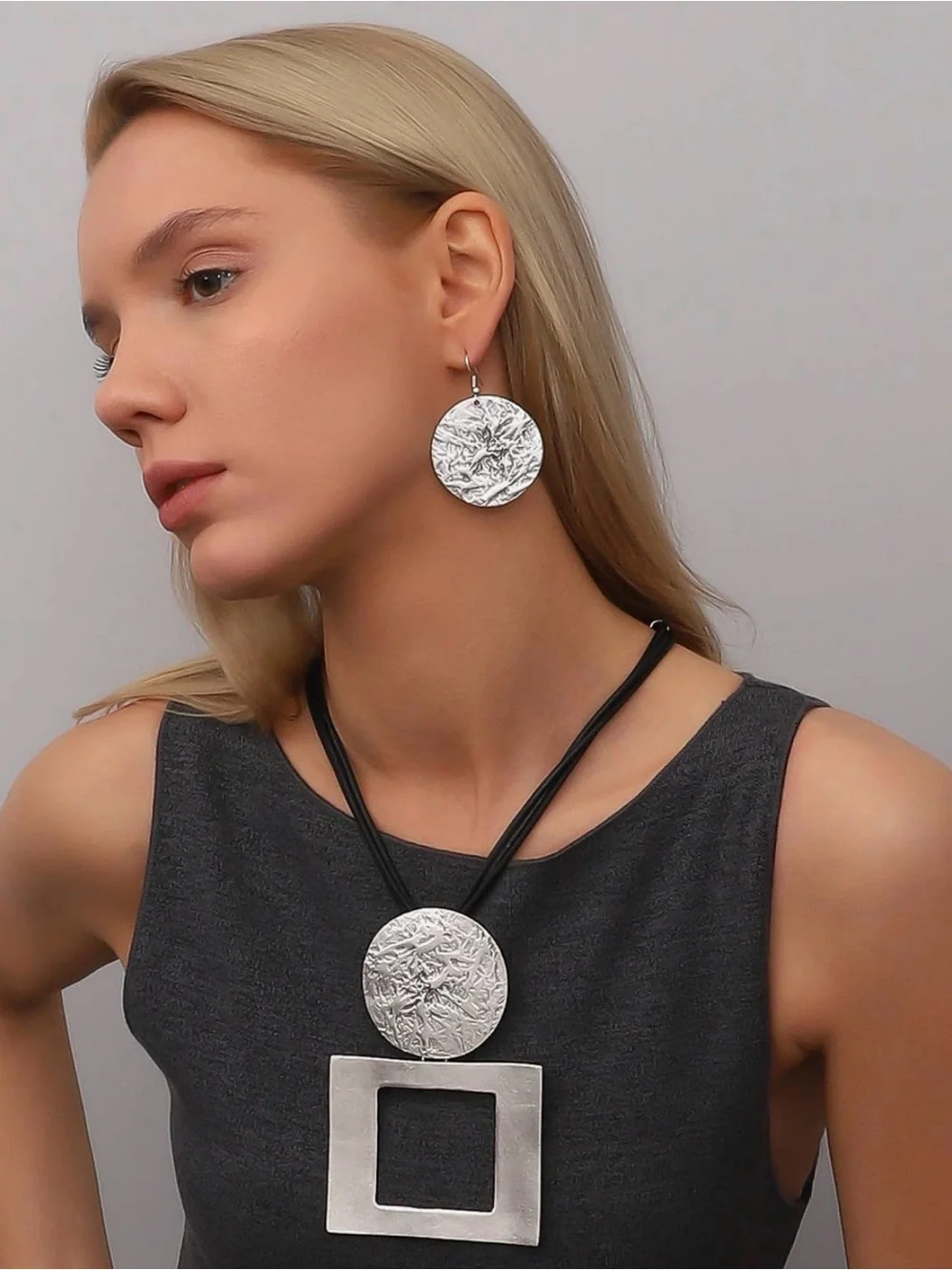 Statement Antique Silver Geometric Design Jewelry Set - Women Jewelry